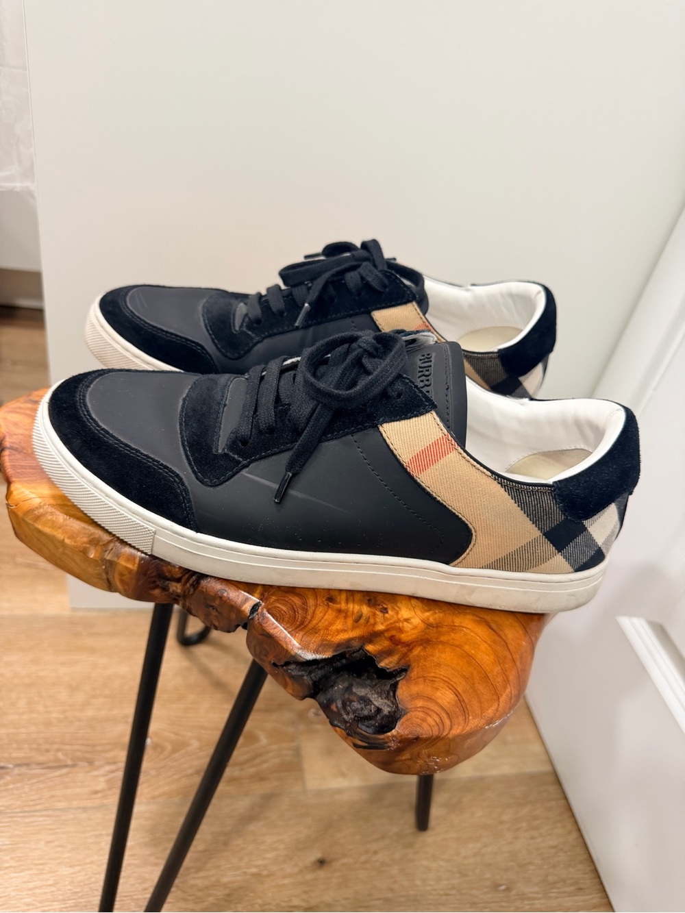 Burberry Black Leather & Beige Check Low-Top Sneakers